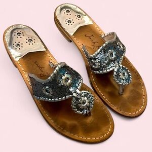 Jack Rogers Silver Sequin Thong Sandals with Leather Footbed 9.5